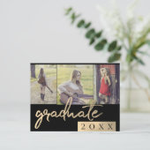 Afstuderen collage | Goud Script 3 Foto Keepsake Uitnodiging Briefkaart (Staand voorkant)