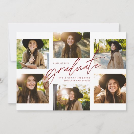 Afstuderen collage zes foto modern rood afstuderen aankondiging (Voorkant)