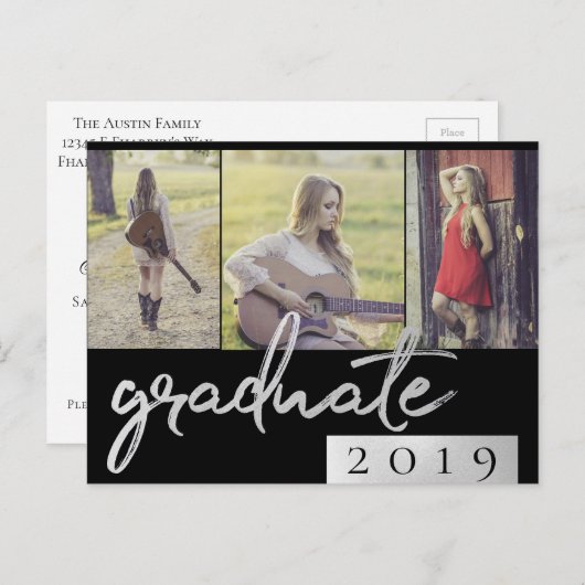 Afstuderen collage | Zilver Script Trendy 3 foto Uitnodiging Briefkaart (Voorkant / Achterkant)