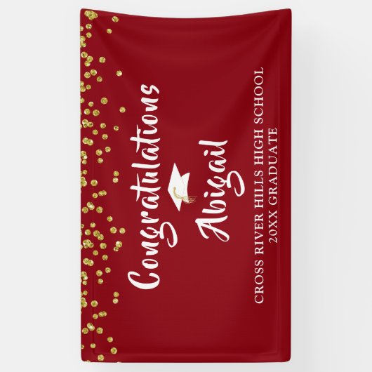 Afstuderen Confetti Brush Script Red Gold Spandoek (Verticaal)