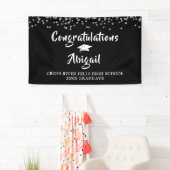 Afstuderen Confetti Brush Script Zwart en Zilver Spandoek (Insitu)