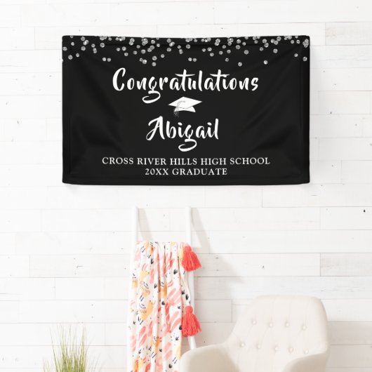 Afstuderen Confetti Brush Script Zwart en Zilver Spandoek (Insitu)