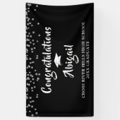 Afstuderen Confetti Brush Script Zwart en Zilver Spandoek (Verticaal)