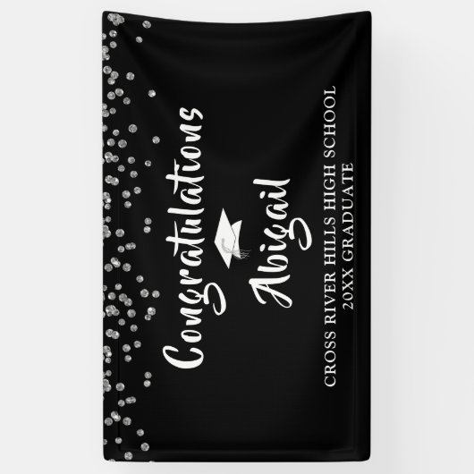 Afstuderen Confetti Brush Script Zwart en Zilver Spandoek (Verticaal)