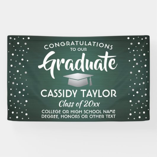 Afstuderen Confetti, donkergroen en wit Spandoek (Horizontaal)