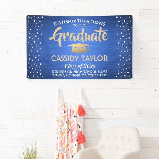 Afstuderen Confetti geborsteld blauw goud en wit Spandoek (Insitu)