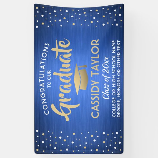 Afstuderen Confetti geborsteld blauw goud en wit Spandoek (Verticaal)