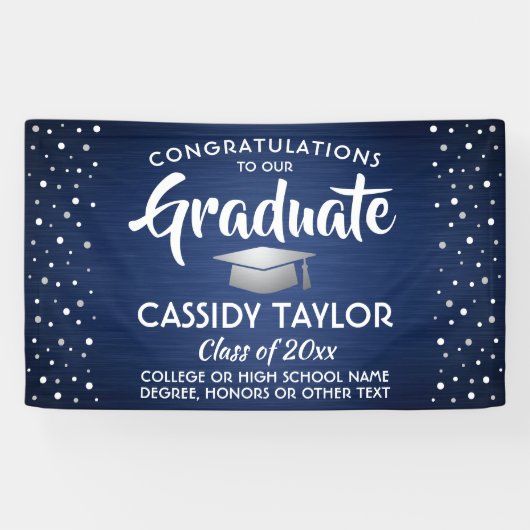 Afstuderen Confetti geborsteld marineblauw, zilver Spandoek (Horizontaal)