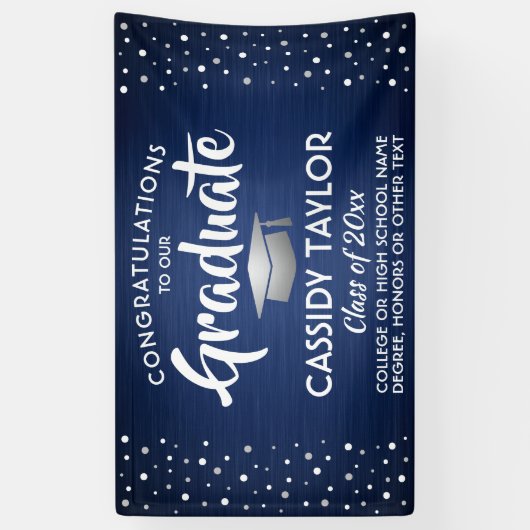 Afstuderen Confetti geborsteld marineblauw, zilver Spandoek (Verticaal)