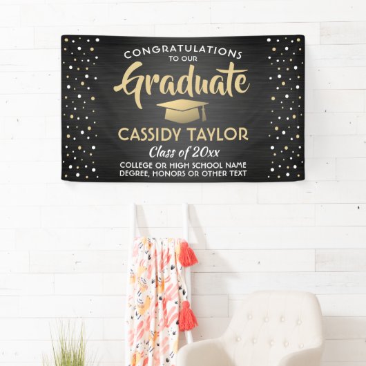 Afstuderen Confetti geborsteld zwart goud en wit Spandoek (Insitu)