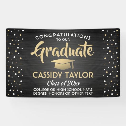 Afstuderen Confetti geborsteld zwart goud en wit Spandoek (Horizontaal)