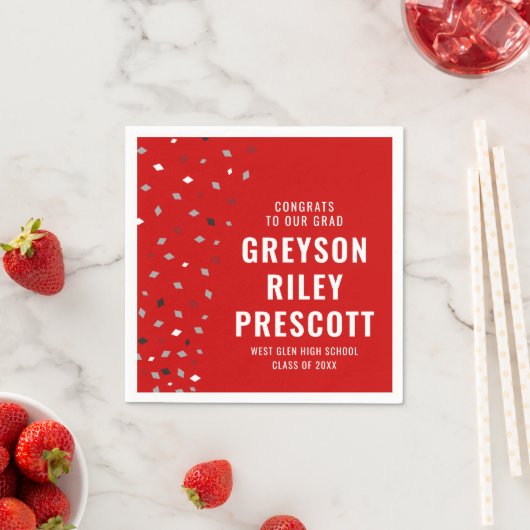 Afstuderen confetti gepersonaliseerd rood grijs servet (Insitu)