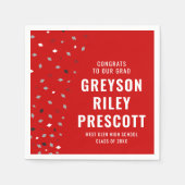 Afstuderen confetti gepersonaliseerd rood grijs servet (Voorkant)