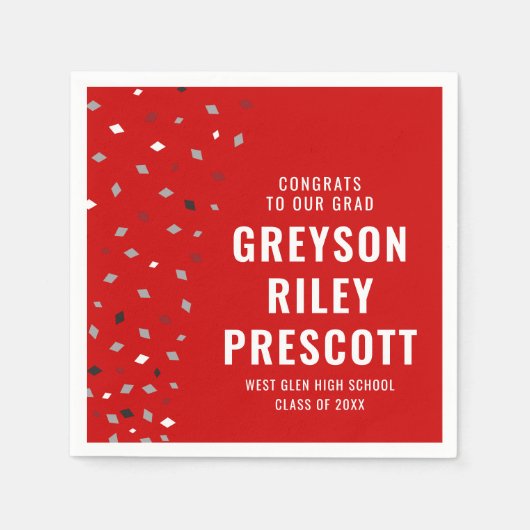 Afstuderen confetti gepersonaliseerd rood grijs servet (Voorkant)