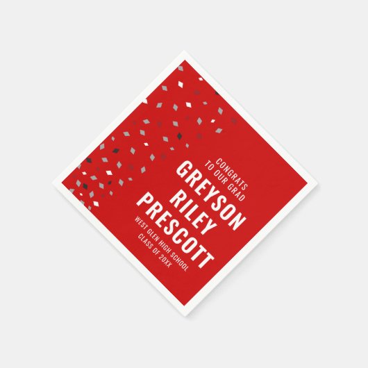 Afstuderen confetti gepersonaliseerd rood grijs servet (Hoek)