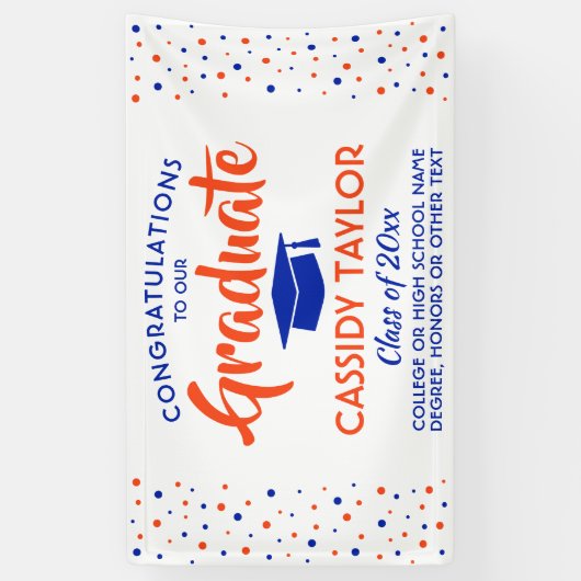 Afstuderen Confetti Modern Oranje blauw en wit Spandoek (Verticaal)