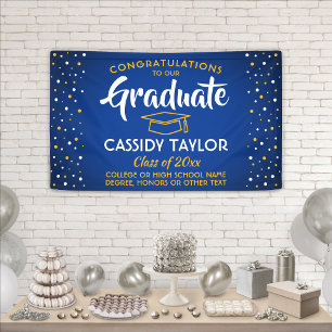Afstuderen Confetti Modern Royal Blue Gold Yellow Spandoek