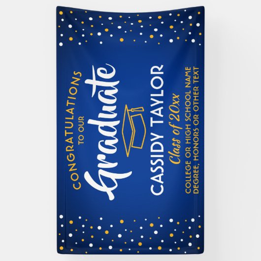Afstuderen Confetti Modern Royal Blue Gold Yellow Spandoek (Verticaal)