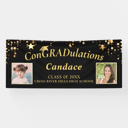 Afstuderen ConGRADulaties Foto Gouden Sterren Zwar Spandoek (Horizontaal)