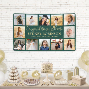 Afstuderen Congrats 12 Foto Collage Groen & Goud Spandoek