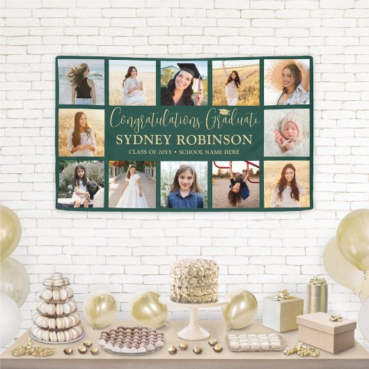 Afstuderen Congrats 12 Foto Collage Groen & Goud Spandoek