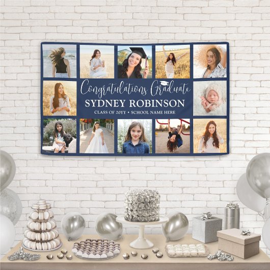 Afstuderen Congrats 12 Fotocollage Navy Blue Spandoek