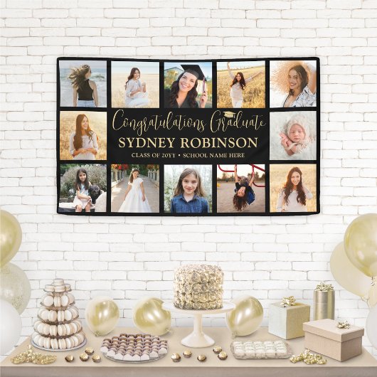 Afstuderen Congrats 12 Fotocollage Zwart & Goud Spandoek