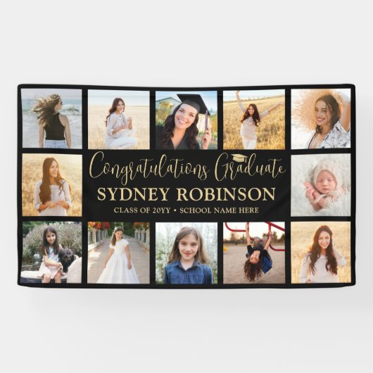 Afstuderen Congrats 12 Fotocollage Zwart & Goud Spandoek (Horizontaal)
