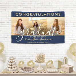 Afstuderen Congrats 3 Fotocollage Navy en Gold Spandoek