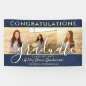 Afstuderen Congrats 3 Fotocollage Navy en Gold Spandoek (Horizontaal)