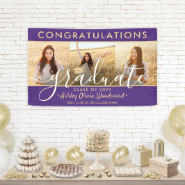Afstuderen Congrats 3 Fotocollage Paarse & Goud Spandoek