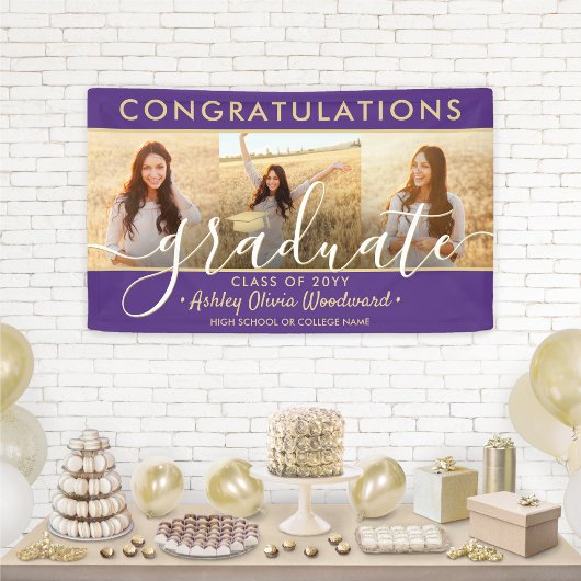 Afstuderen Congrats 3 Fotocollage Paarse & Goud Spandoek