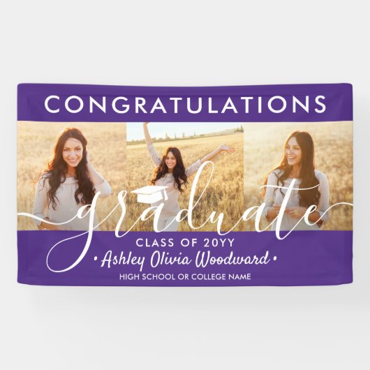 Afstuderen Congrats 3 Fotocollage Paarse & Wit Spandoek (Horizontaal)