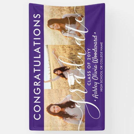 Afstuderen Congrats 3 Fotocollage Paarse & Wit Spandoek (Verticaal)