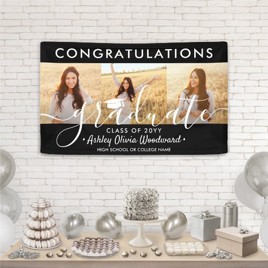 Afstuderen Congrats 3 Photo Collage Modern Zwart Spandoek