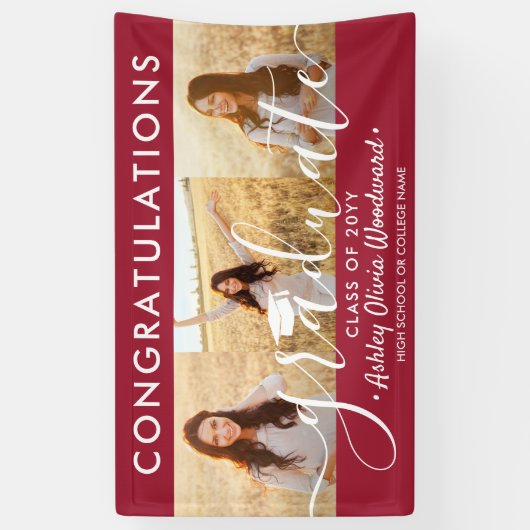 Afstuderen Congrats 3 Photo Collage Rood en Wit Spandoek (Verticaal)