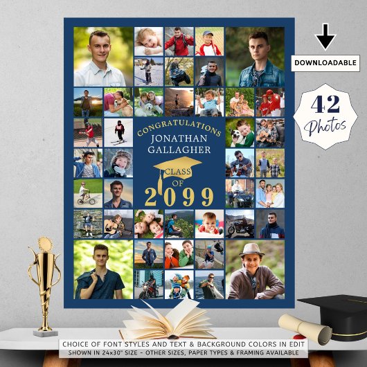 Afstuderen Congrats 42 Photo Collage Blauw Goud Poster