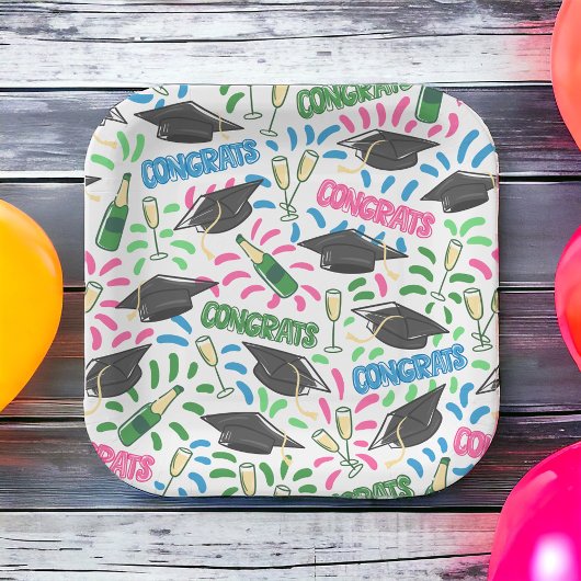 Afstuderen Congrats Champagne Confetti Kleurrijk Papieren Bordje
