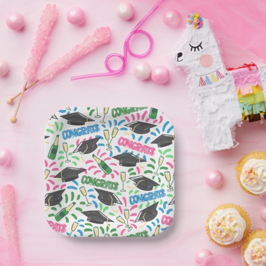 Afstuderen Congrats Champagne Confetti Kleurrijk Papieren Bordje (Feest)