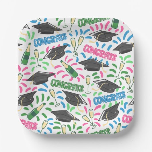 Afstuderen Congrats Champagne Confetti Kleurrijk Papieren Bordje (Voorkant)