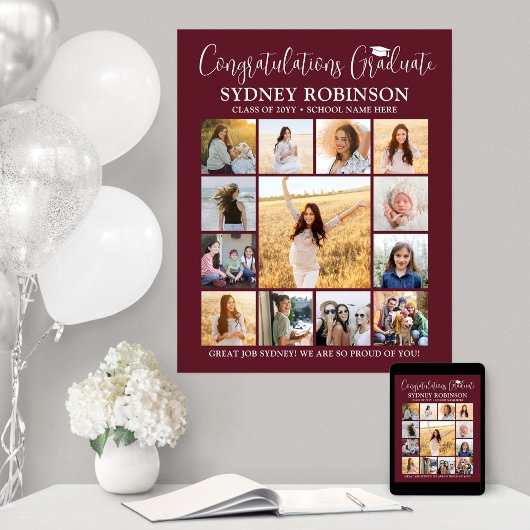 Afstuderen Congrats Foto Collage Maroon en Wit Poster
