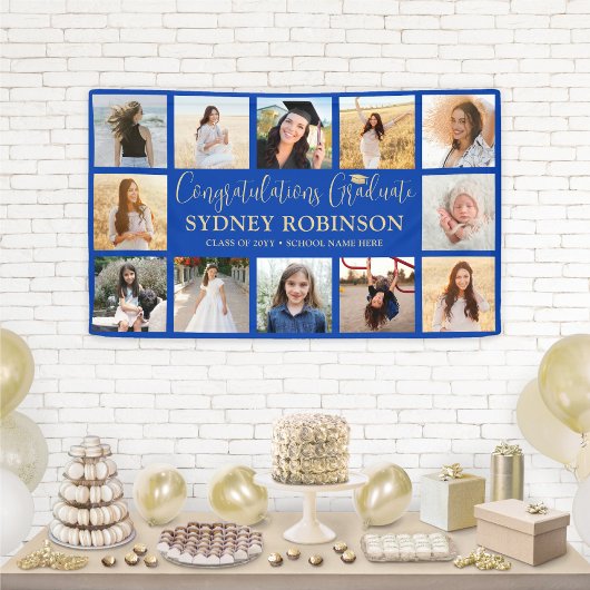 Afstuderen Congrats Fotocollage Royal Blue Gold Spandoek