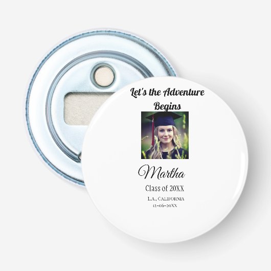 Afstuderen Congrats Naam toevoegen Foto Stad Datum Button Flesopener (Voorkant)