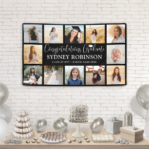 Afstuderen Congrats Script 12 Photo Collage Zwart Spandoek