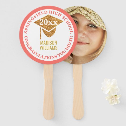 Afstuderen Coral Pink Gold Foto gefeliciteerd Handwaaier (Voorkant en achterkant)