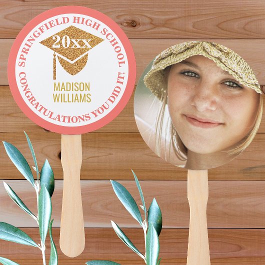 Afstuderen Coral Pink Gold Foto gefeliciteerd Handwaaier