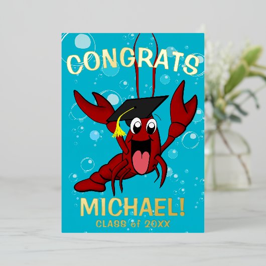 Afstuderen Crawfish Boil Lobster Seafood Folie Uitnodiging (Staand Voorkant)