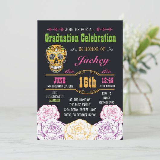 Afstuderen Dag van de Dode Suiker Schedel Uitnodig Kaart (Staand voorkant)