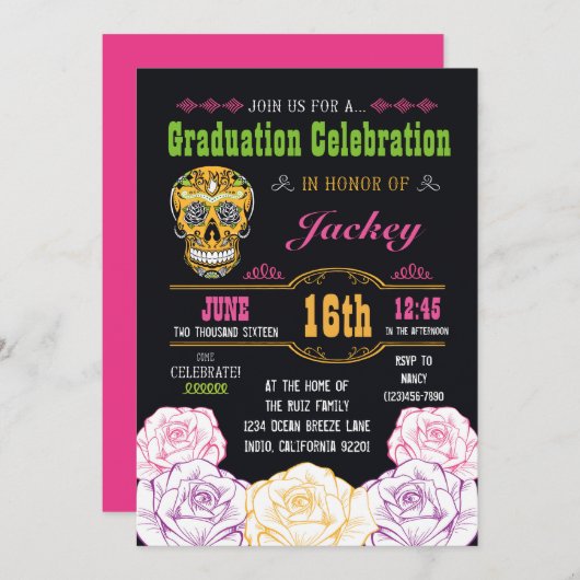 Afstuderen Dag van de Dode Suiker Schedel Uitnodig Kaart (Voorkant / Achterkant)