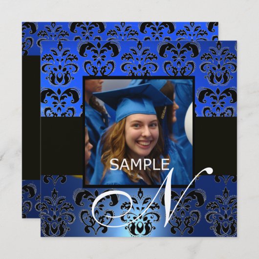 AFSTUDEREN DAMASK MONOGRAM, blauwe zwarte champagn Kaart (Voorkant / Achterkant)